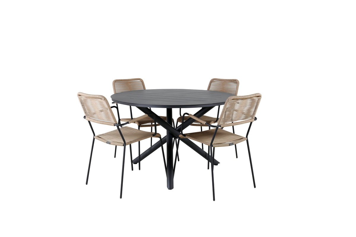 Alma matbord svart aluminium Ø120cm med 4 Lindos karmstolar svart aluminium/latte rep