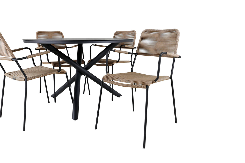 Alma matbord svart aluminium Ø120cm med 4 Lindos karmstolar svart aluminium/latte rep