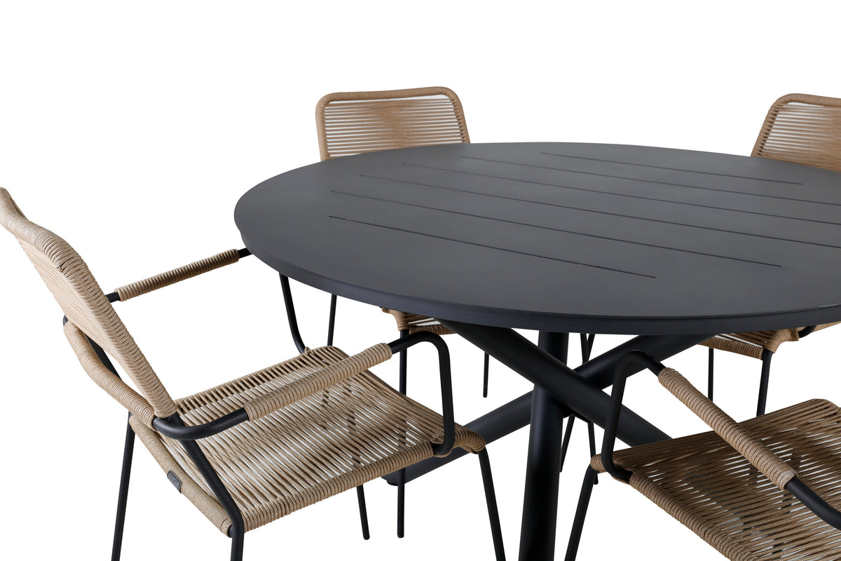 Alma matbord svart aluminium Ø120cm med 4 Lindos karmstolar svart aluminium/latte rep