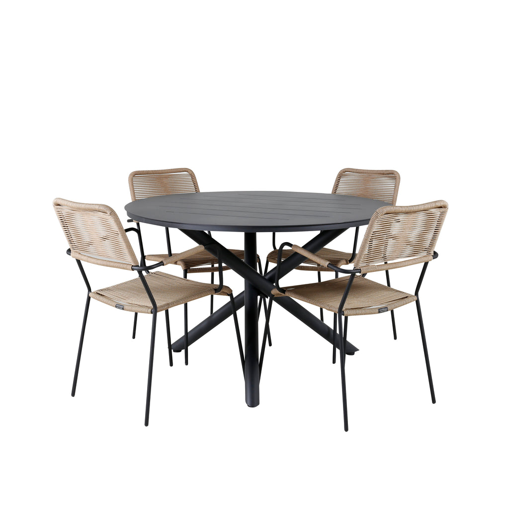 Alma matbord svart aluminium Ø120cm med 4 Lindos karmstolar svart aluminium/latte rep