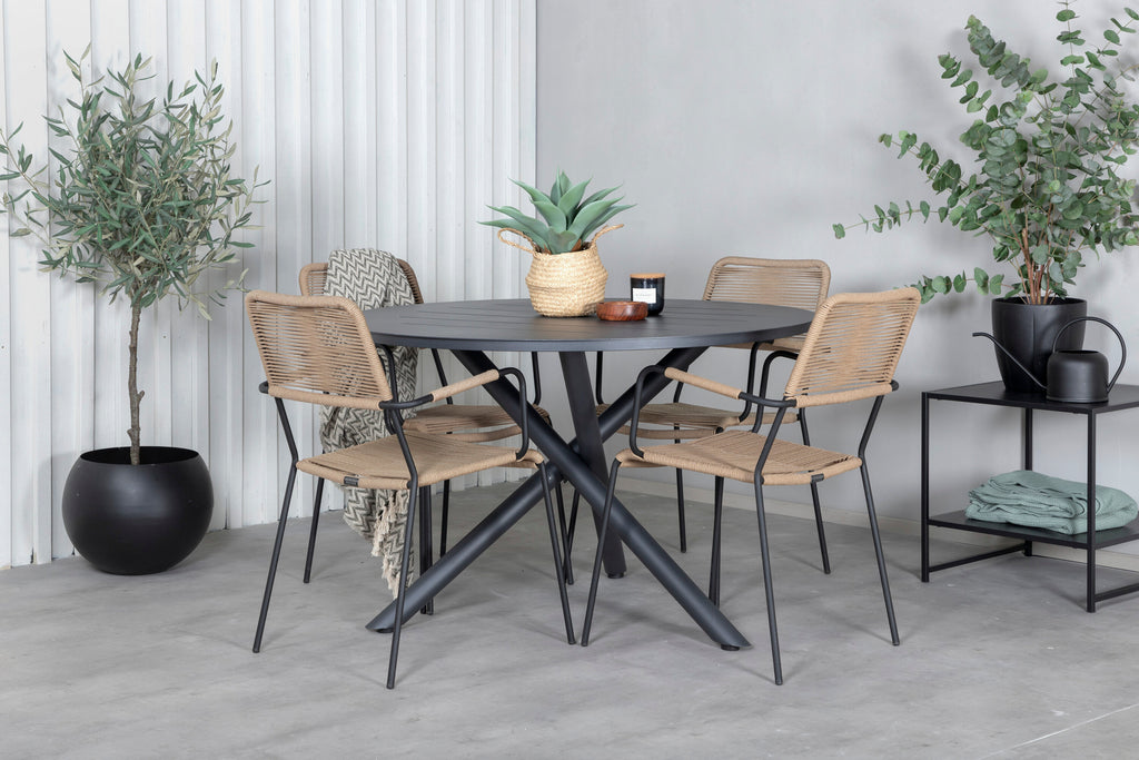 Alma matbord svart aluminium Ø120cm med 4 Lindos karmstolar svart aluminium/latte rep