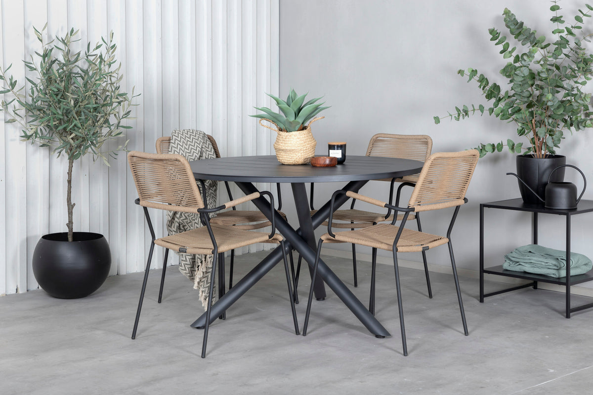 Alma matbord svart aluminium Ø120cm med 4 Lindos karmstolar svart aluminium/latte rep