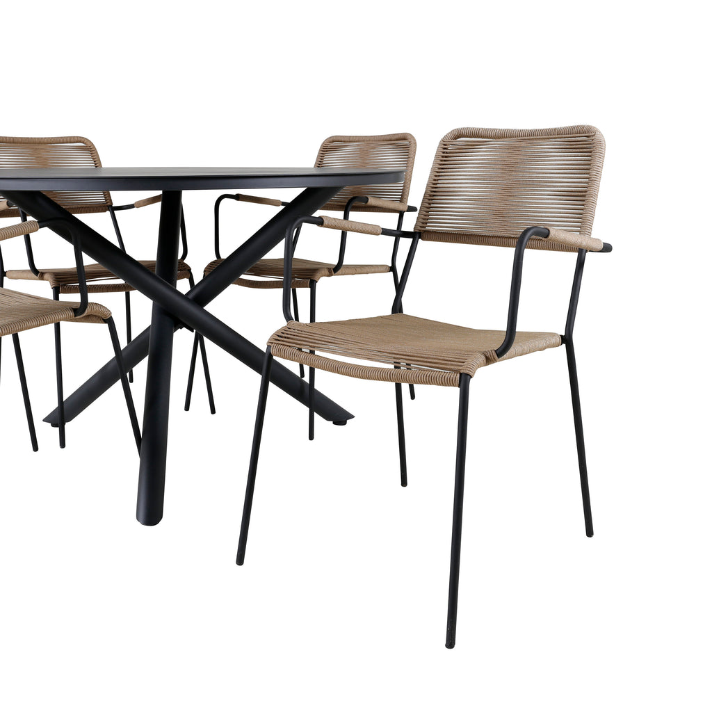 Alma matbord svart aluminium Ø120cm med 4 Lindos karmstolar svart aluminium/latte rep