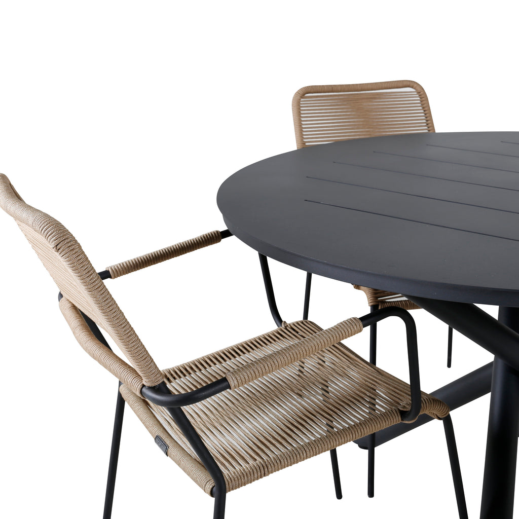 Alma matbord svart aluminium Ø120cm med 4 Lindos karmstolar svart aluminium/latte rep