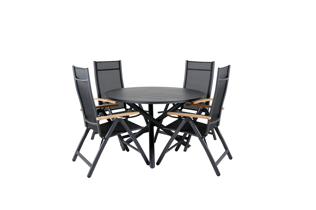 Alma matbord svart aluminium Ø120cm med 4 Panama Light 5-positionsstolar svart/svart och teak