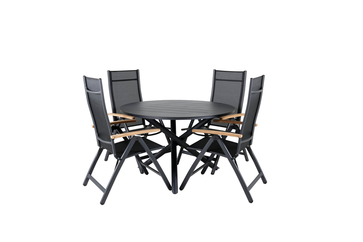 Alma matbord svart aluminium Ø120cm med 4 Panama Light 5-positionsstolar svart/svart och teak