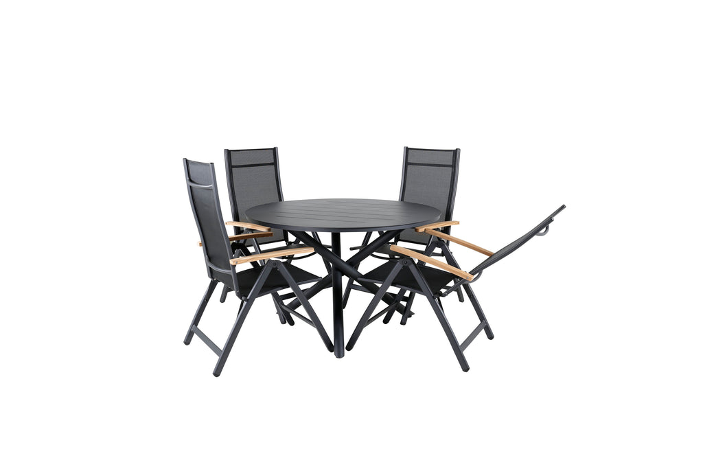 Alma matbord svart aluminium Ø120cm med 4 Panama Light 5-positionsstolar svart/svart och teak