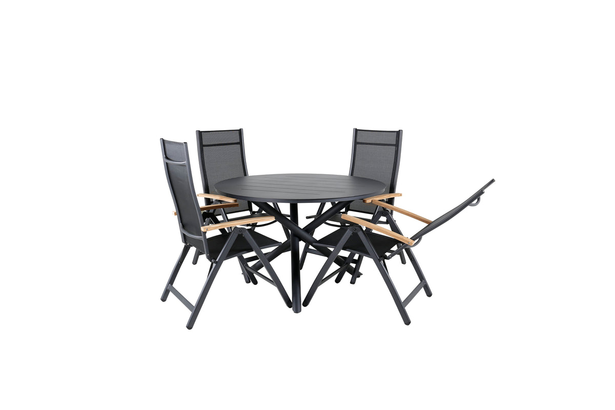 Alma matbord svart aluminium Ø120cm med 4 Panama Light 5-positionsstolar svart/svart och teak
