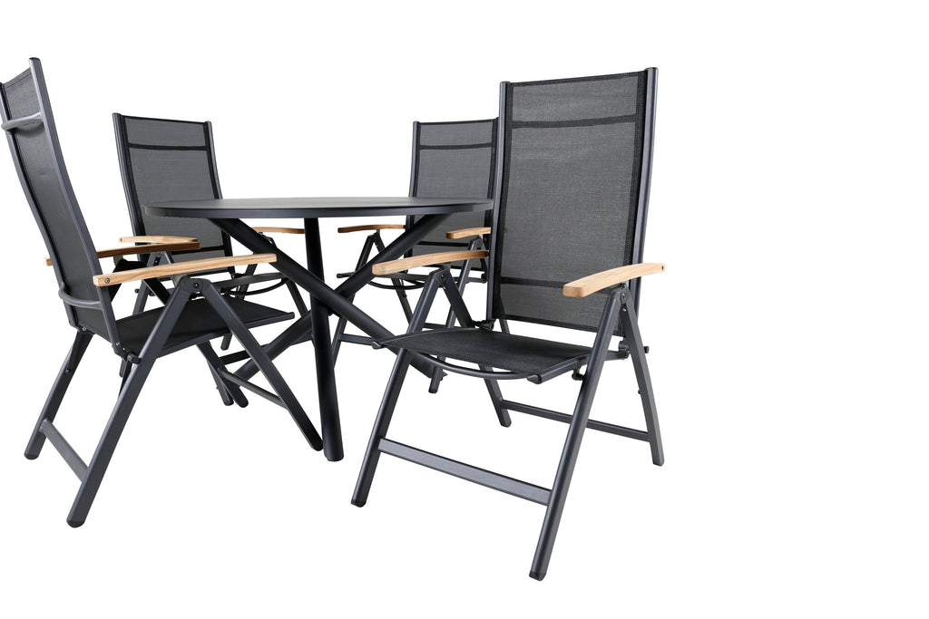 Alma matbord svart aluminium Ø120cm med 4 Panama Light 5-positionsstolar svart/svart och teak