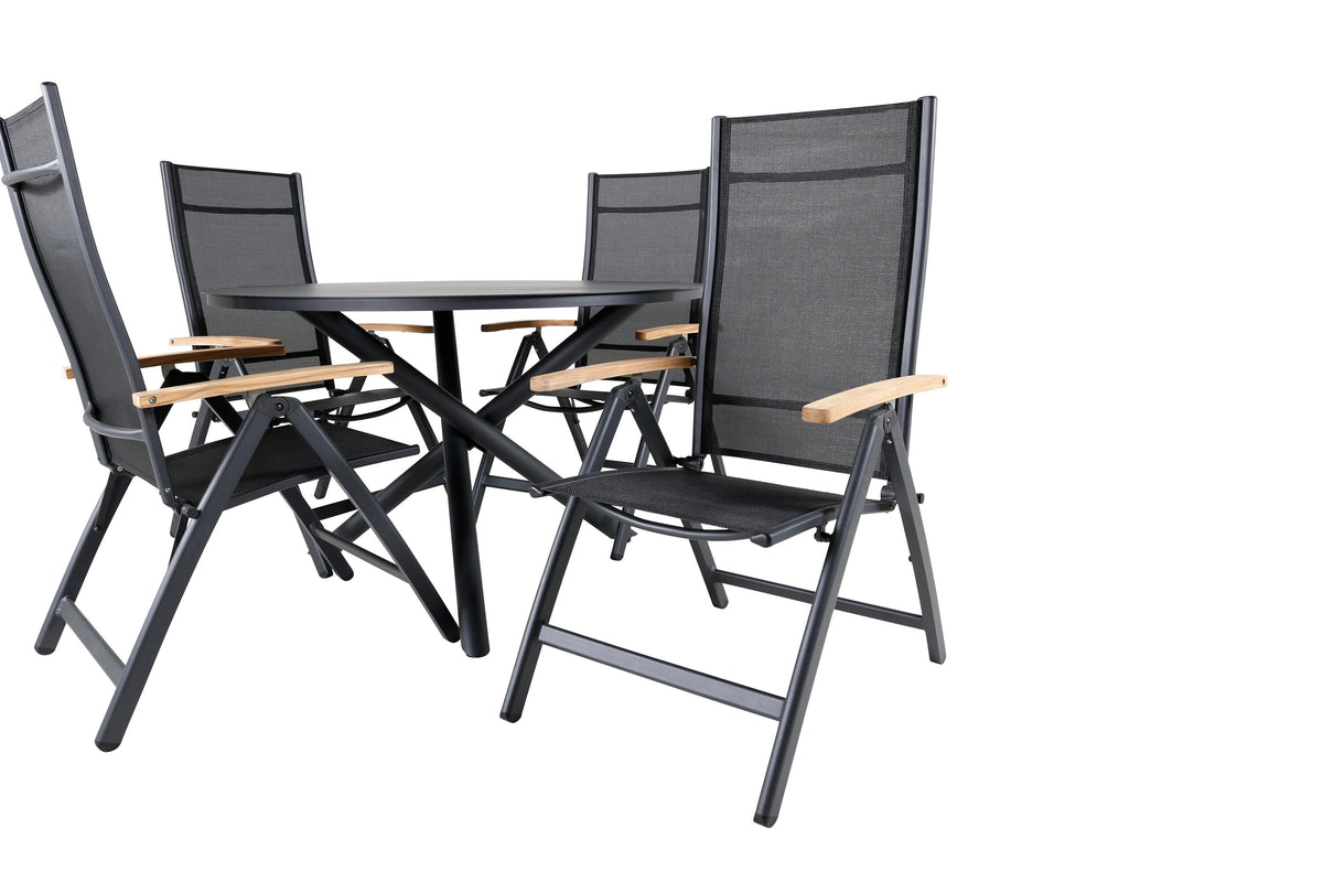 Alma matbord svart aluminium Ø120cm med 4 Panama Light 5-positionsstolar svart/svart och teak