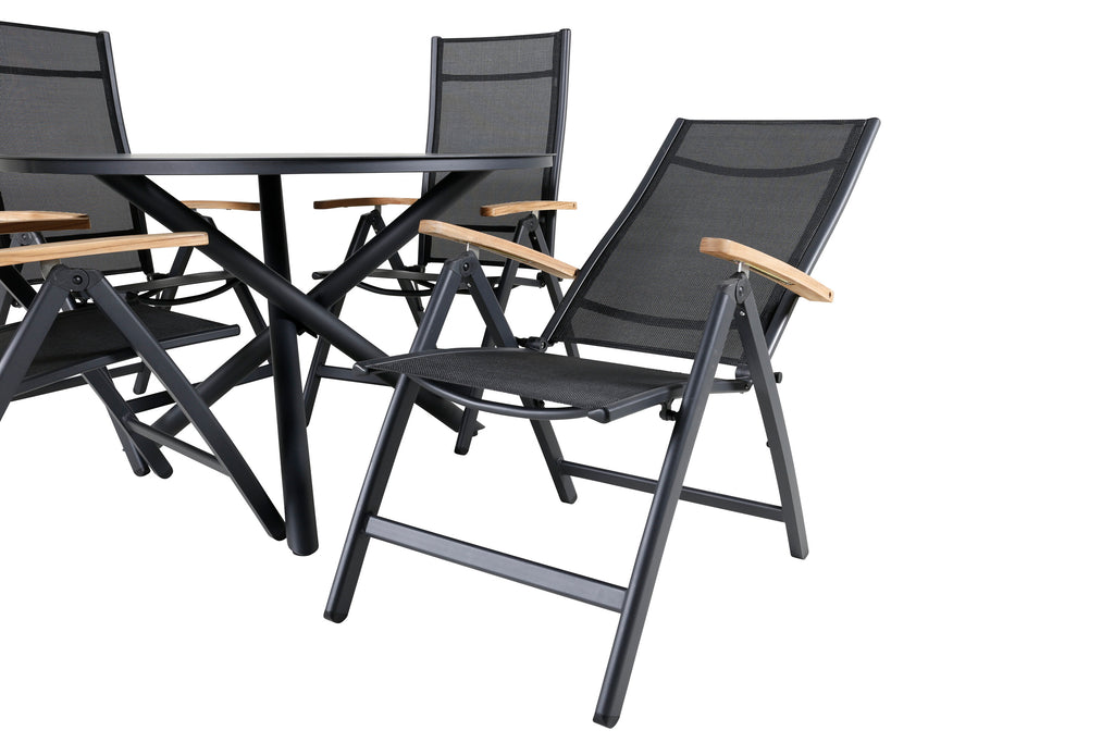 Alma matbord svart aluminium Ø120cm med 4 Panama Light 5-positionsstolar svart/svart och teak