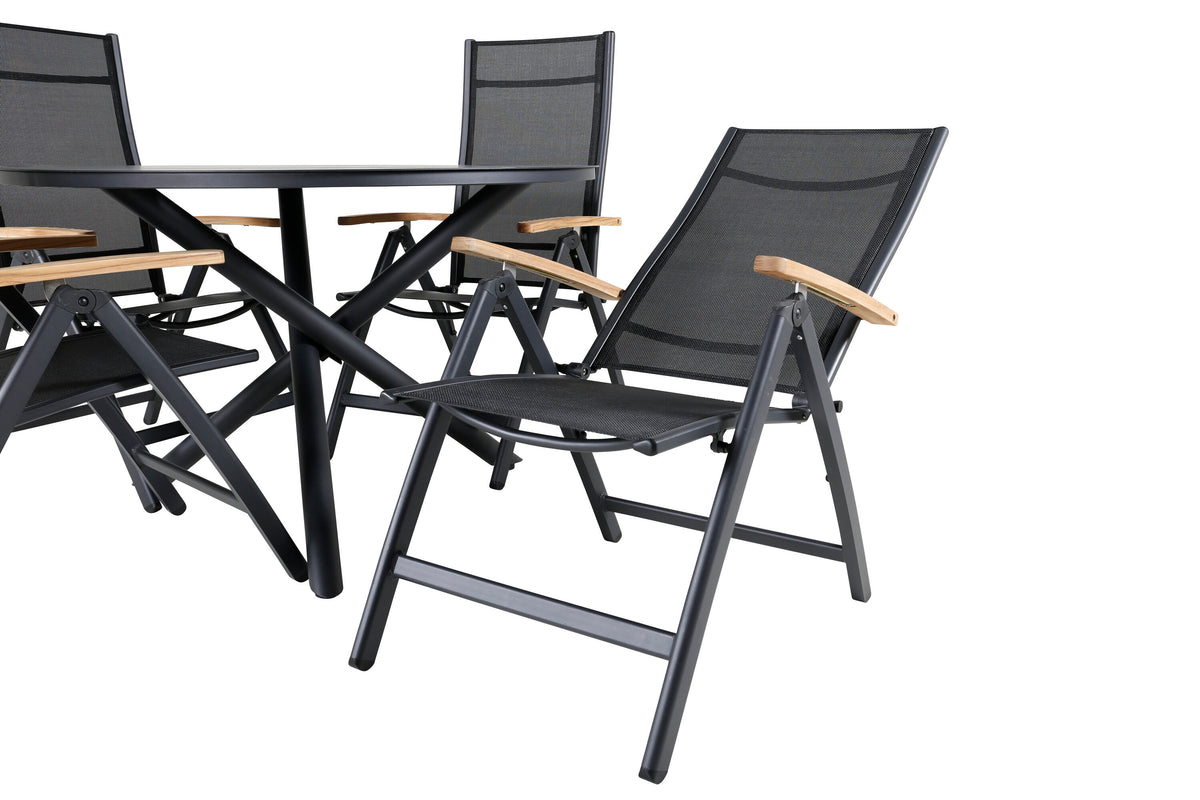 Alma matbord svart aluminium Ø120cm med 4 Panama Light 5-positionsstolar svart/svart och teak