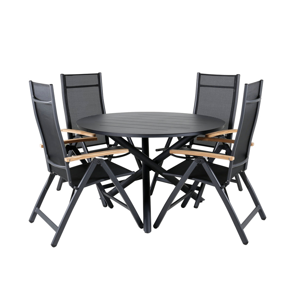 Alma matbord svart aluminium Ø120cm med 4 Panama Light 5-positionsstolar svart/svart och teak
