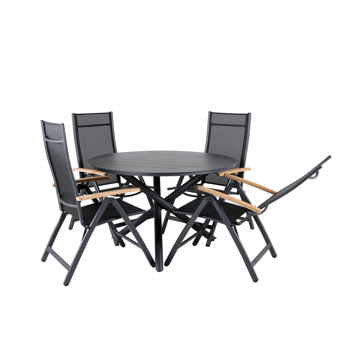 Alma matbord svart aluminium Ø120cm med 4 Panama Light 5-positionsstolar svart/svart och teak