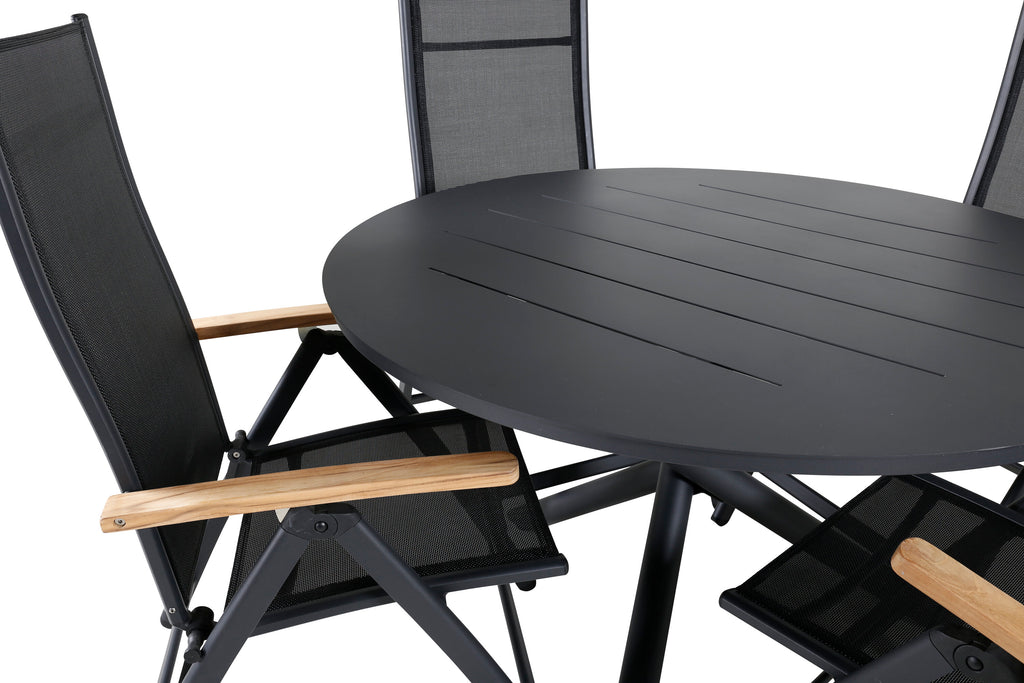 Alma matbord svart aluminium Ø120cm med 4 Panama Light 5-positionsstolar svart/svart och teak
