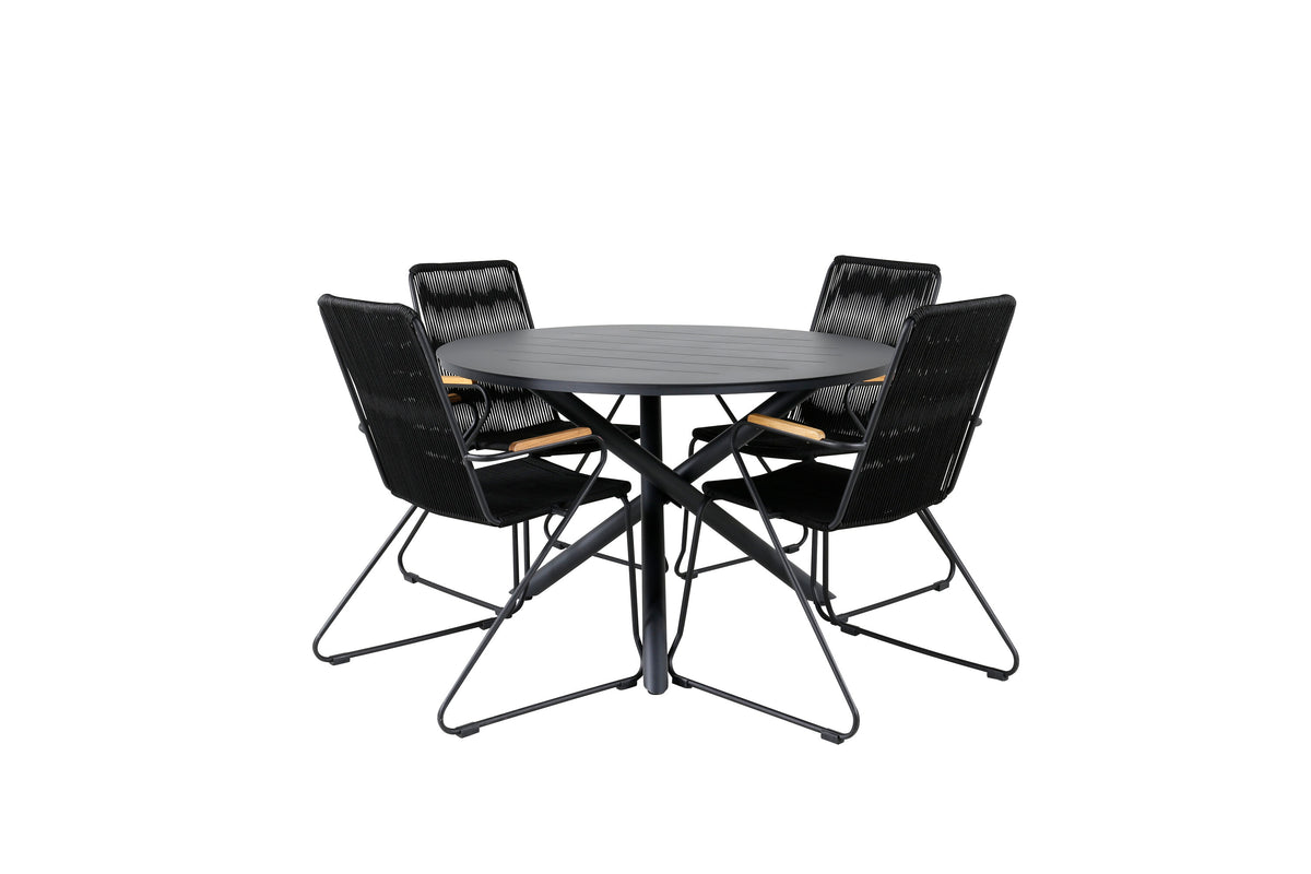 Alma matbord svart aluminium Ø120cm med 4 Bois karmstolar svart aluminium/svart rep/akacia
