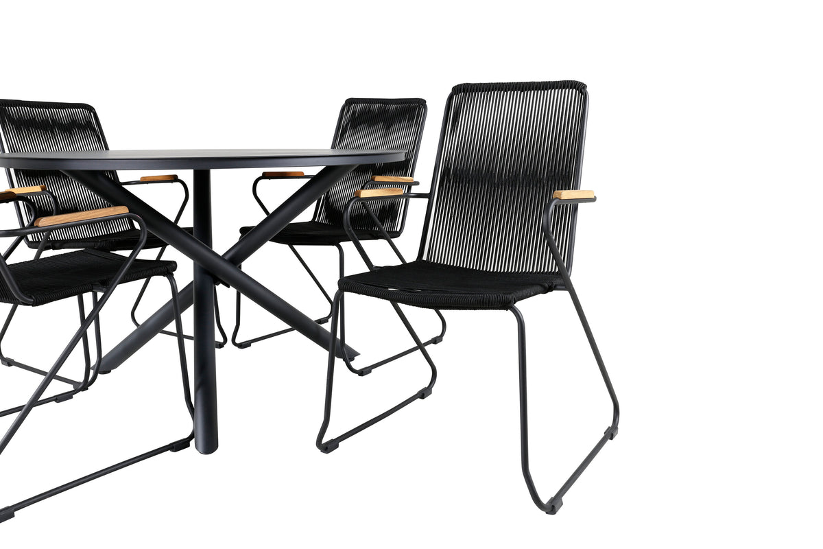Alma matbord svart aluminium Ø120cm med 4 Bois karmstolar svart aluminium/svart rep/akacia