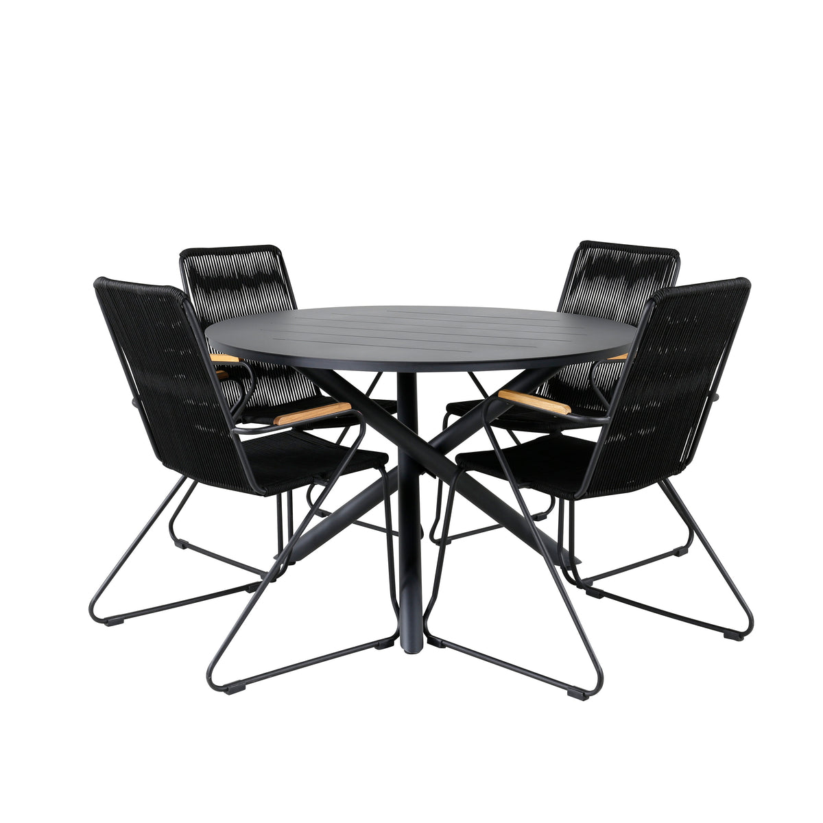 Alma matbord svart aluminium Ø120cm med 4 Bois karmstolar svart aluminium/svart rep/akacia