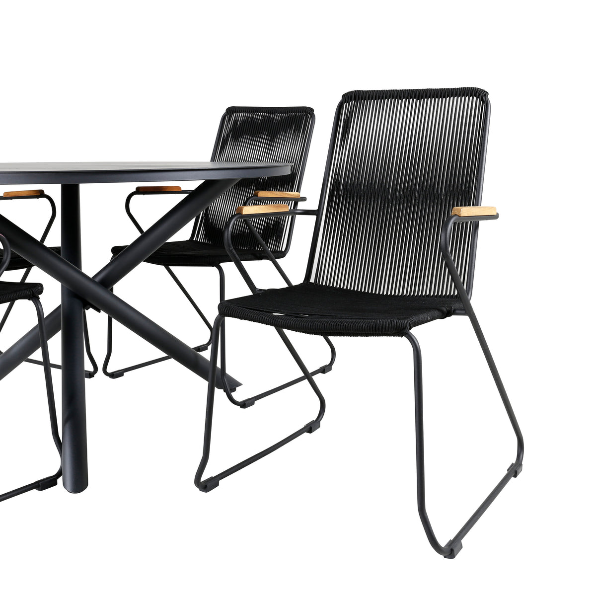 Alma matbord svart aluminium Ø120cm med 4 Bois karmstolar svart aluminium/svart rep/akacia