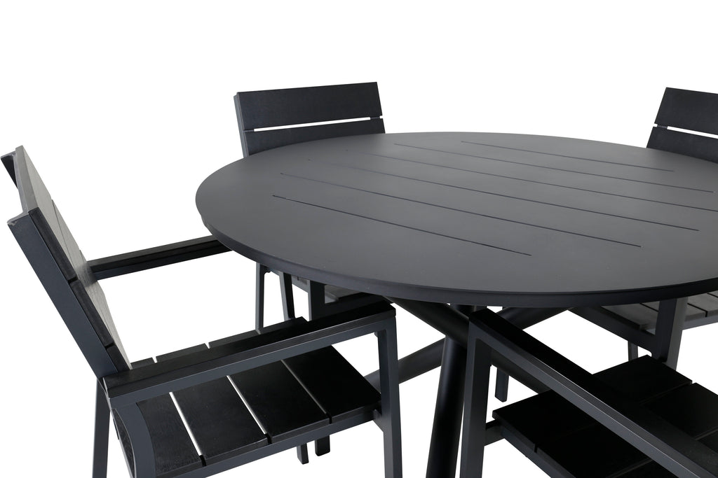 Alma matbord svart aluminium Ø120cm med 4 Levels stolar (stapelbar) svart aluminium/svart Aintwood