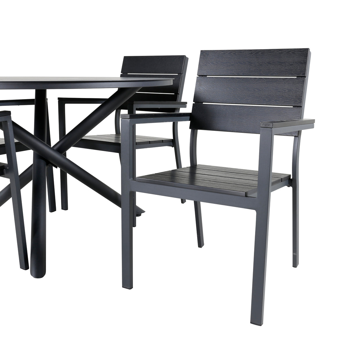 Alma matbord svart aluminium Ø120cm med 4 Levels stolar (stapelbar) svart aluminium/svart Aintwood