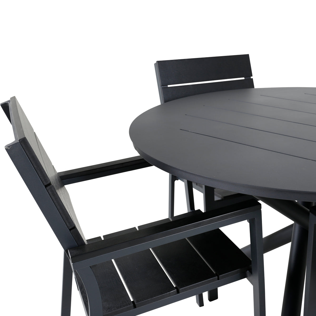 Alma matbord svart aluminium Ø120cm med 4 Levels stolar (stapelbar) svart aluminium/svart Aintwood