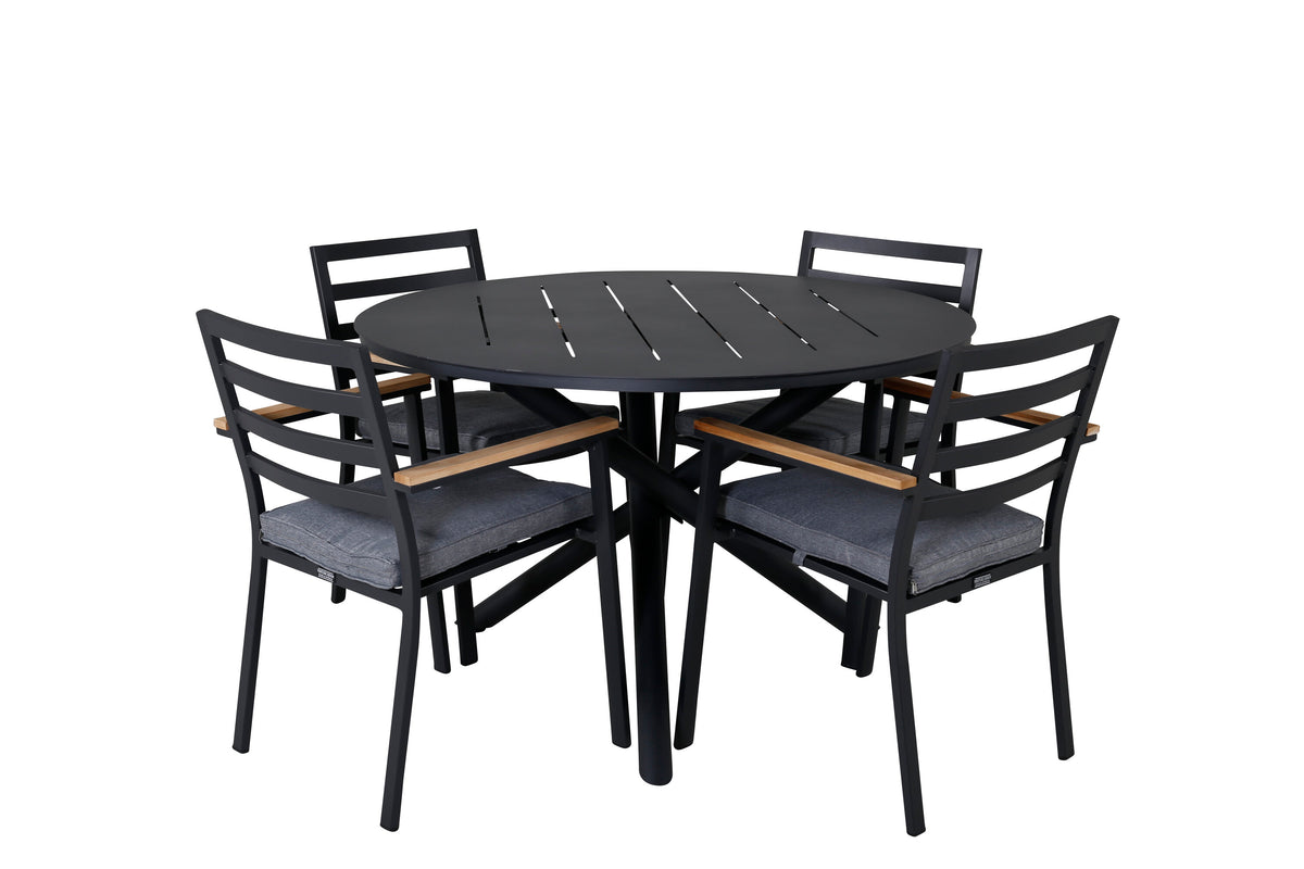 Alma matbord svart aluminium Ø120cm med 4 Brasilia karmstolar (stapelbar) svart aluminium/teak