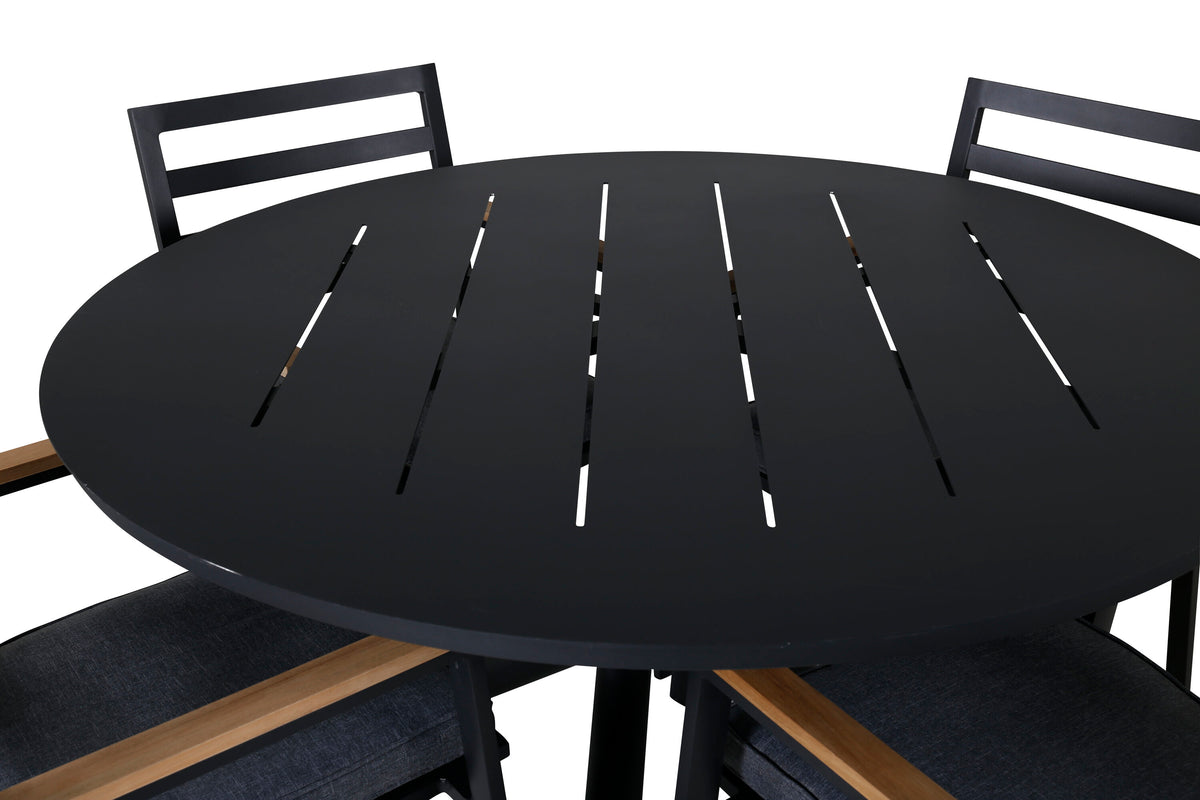 Alma matbord svart aluminium Ø120cm med 4 Brasilia karmstolar (stapelbar) svart aluminium/teak