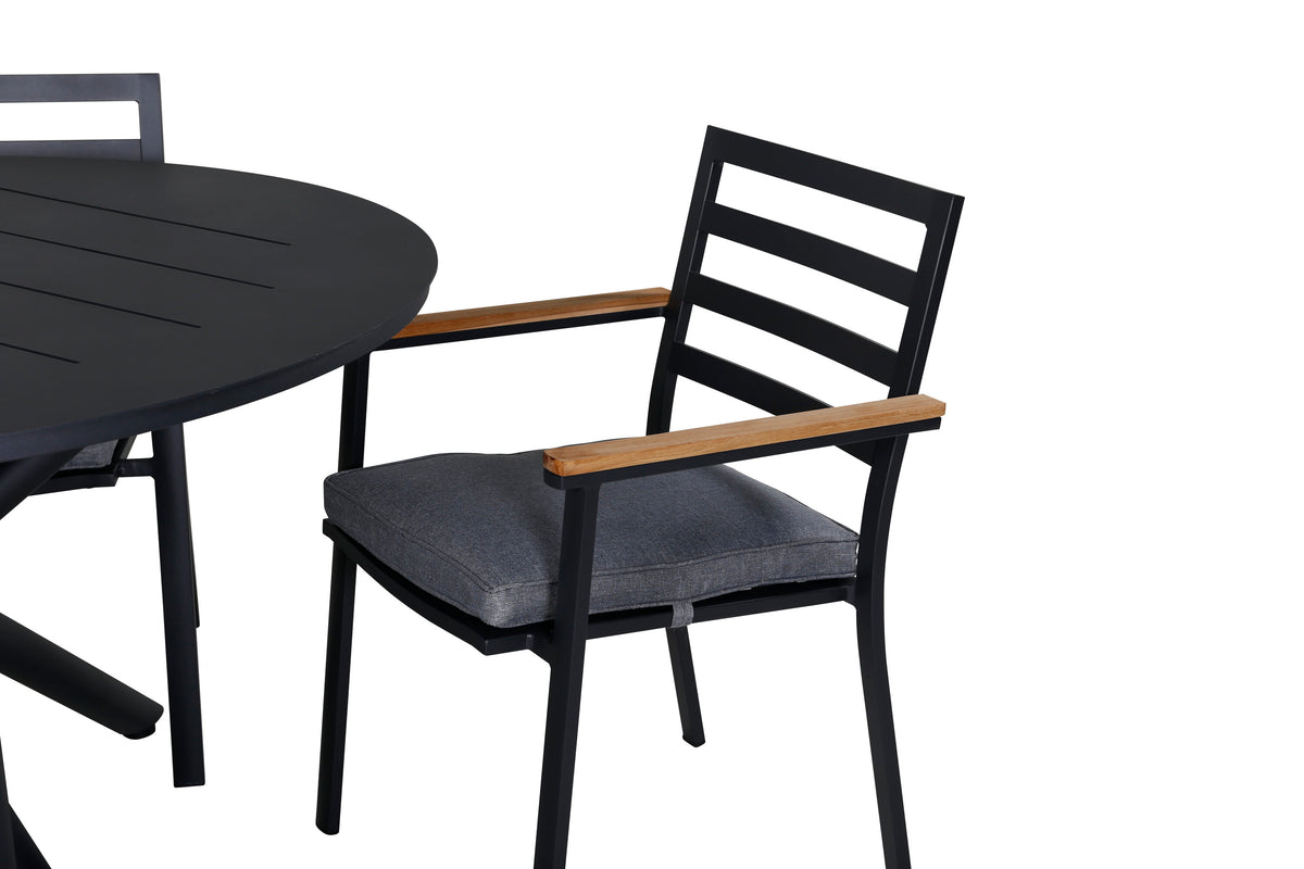 Alma matbord svart aluminium Ø120cm med 4 Brasilia karmstolar (stapelbar) svart aluminium/teak