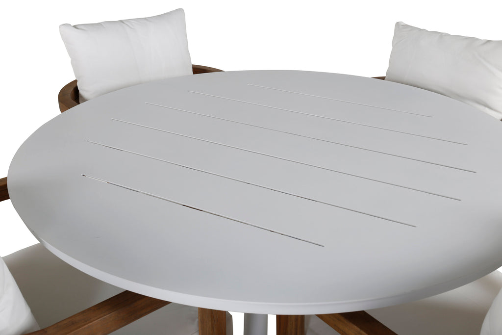 Alma matbord vit aluminium Ø120cm med 4 Erica matstolar akacia borstad/naturvit dyna