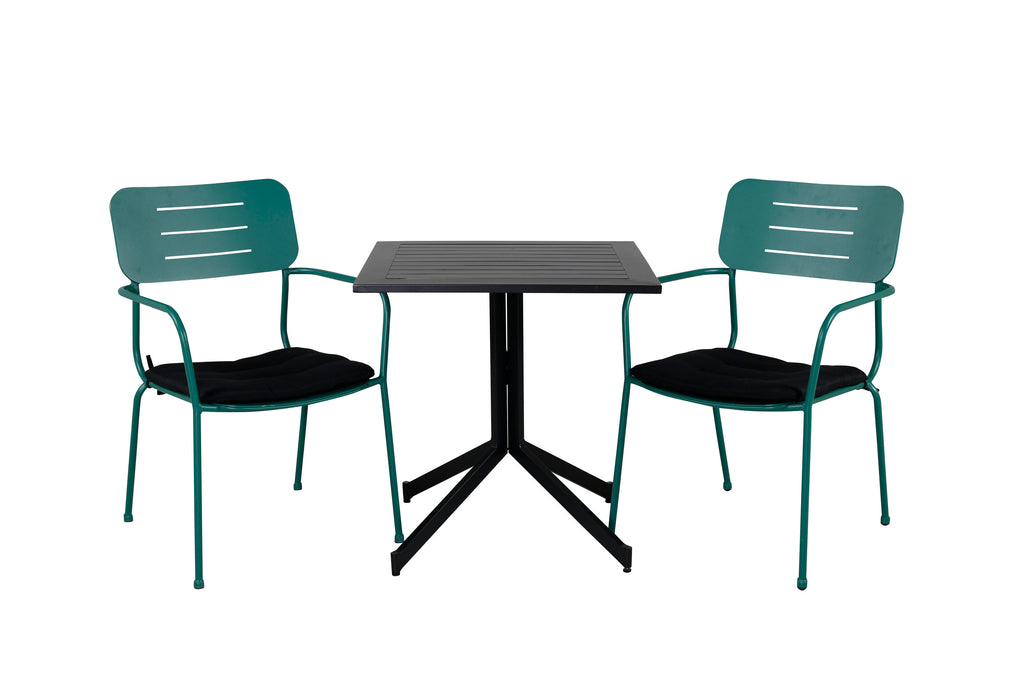 Way cafébord 70x70 med Nicke matstol med armstöd grön stål 2-pack