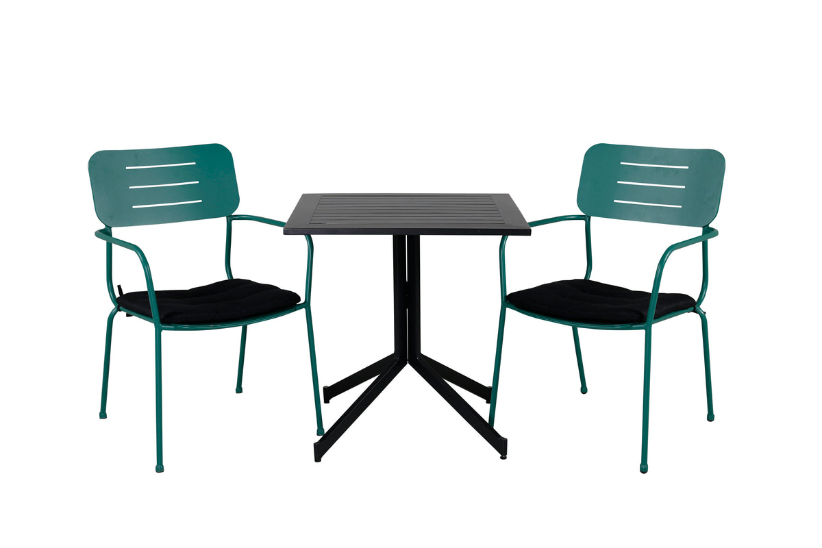 Way cafébord 70x70 med Nicke matstol med armstöd grön stål 2-pack