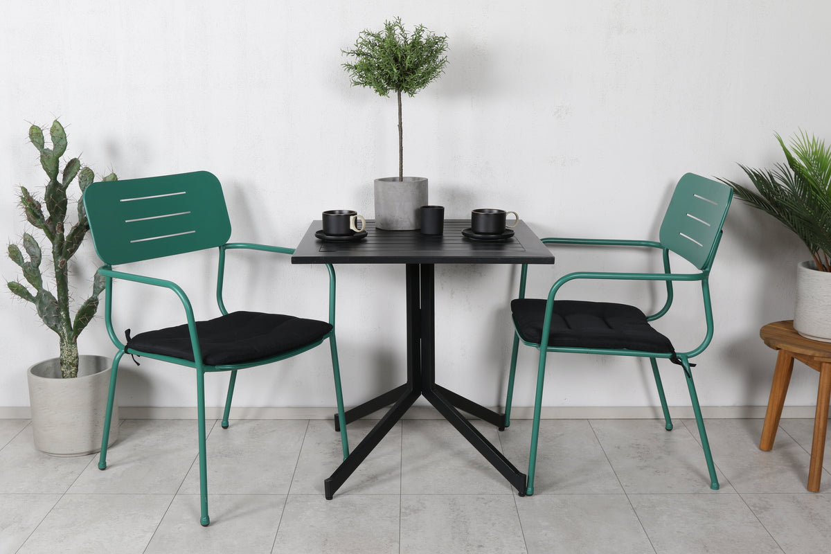 Way cafébord 70x70 med Nicke matstol med armstöd grön stål 2-pack