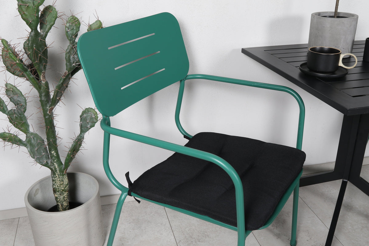 Way cafébord 70x70 med Nicke matstol med armstöd grön stål 2-pack