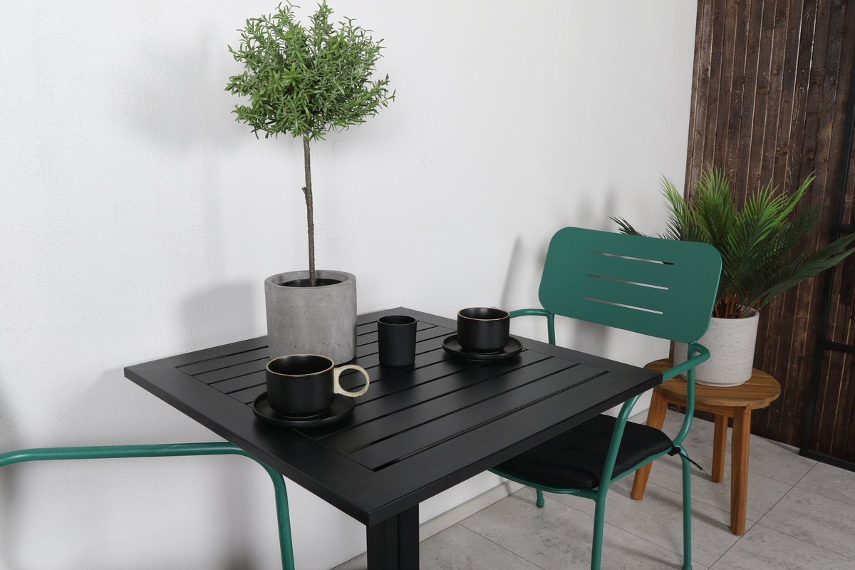 Way cafébord 70x70 med Nicke matstol med armstöd grön stål 2-pack