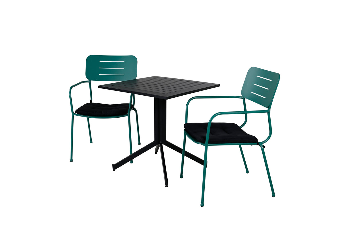 Way cafébord 70x70 med Nicke matstol med armstöd grön stål 2-pack