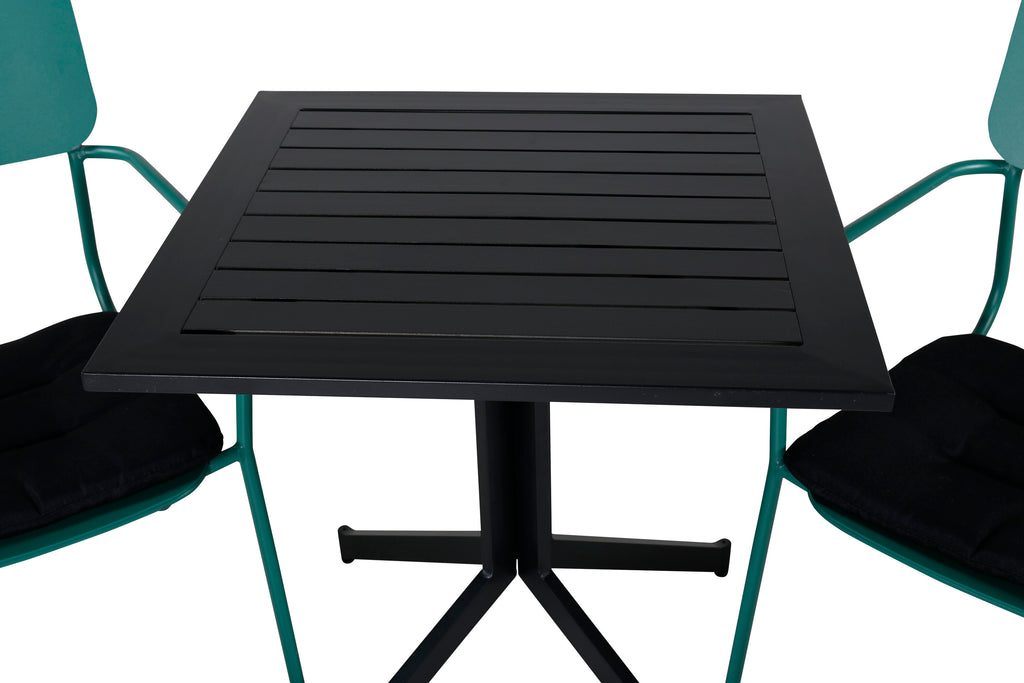 Way cafébord 70x70 med Nicke matstol med armstöd grön stål 2-pack