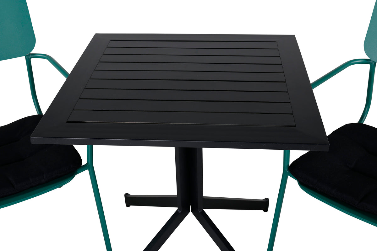 Way cafébord 70x70 med Nicke matstol med armstöd grön stål 2-pack