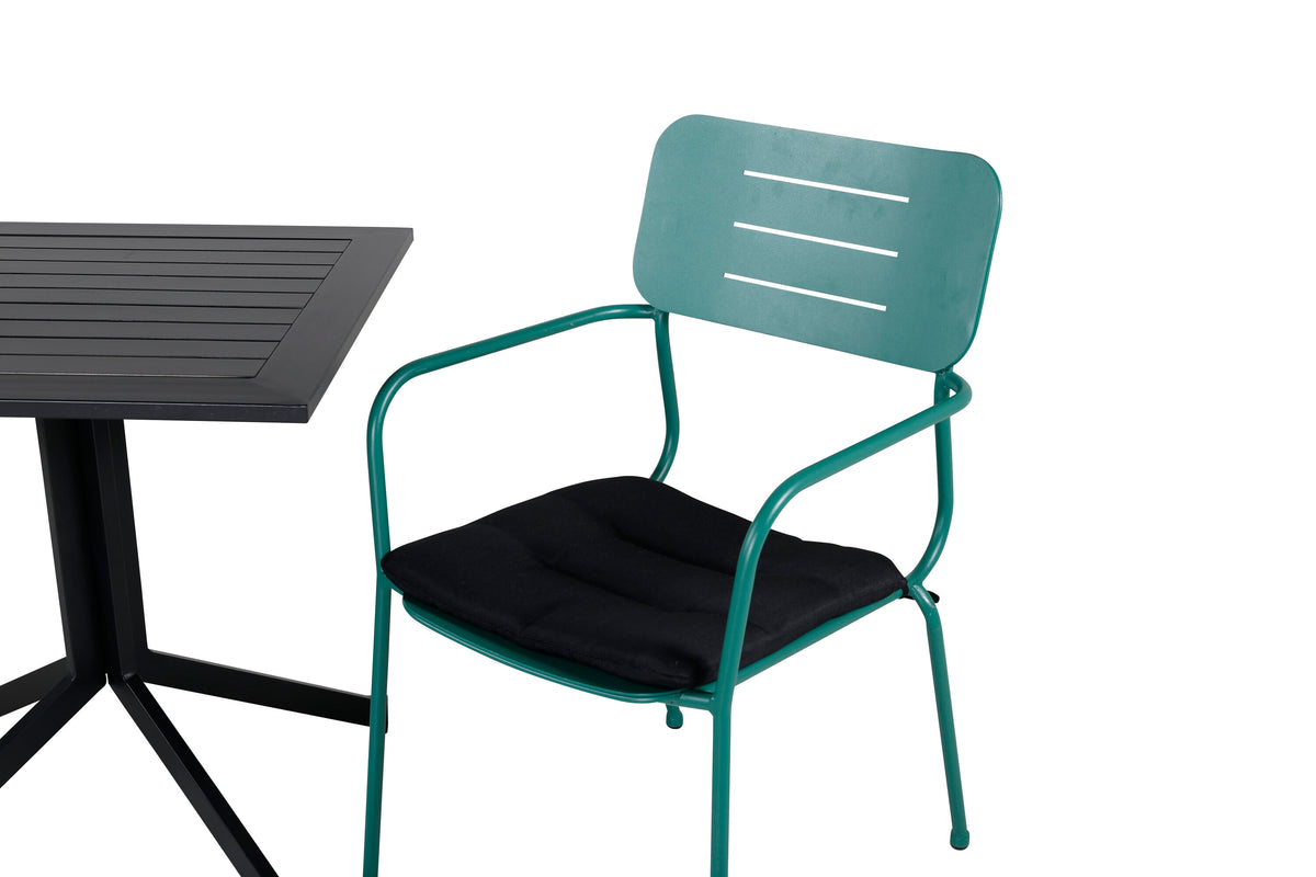 Way cafébord 70x70 med Nicke matstol med armstöd grön stål 2-pack