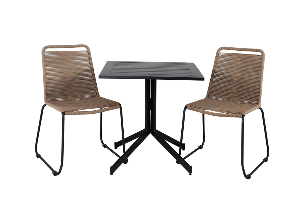 Way cafébord 70x70 med 2 Lindos stapelbar stol svart aluminium/latte rep