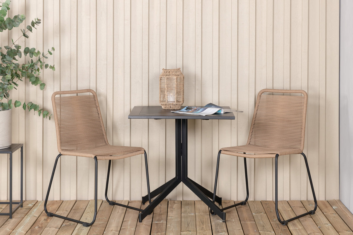 Way cafébord 70x70 med 2 Lindos stapelbar stol svart aluminium/latte rep