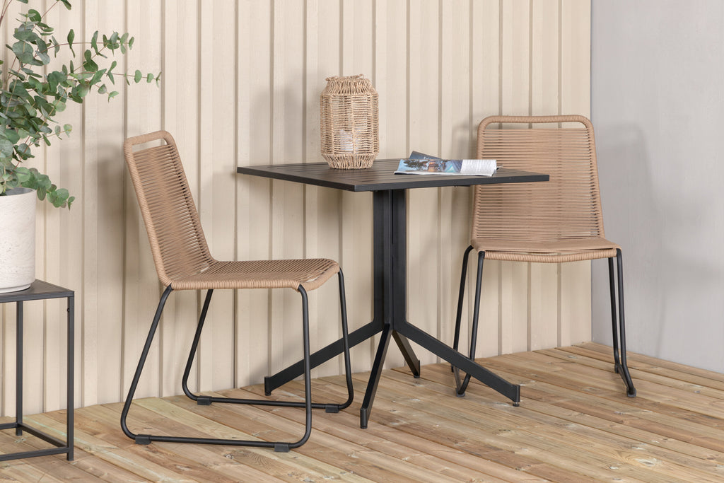 Way cafébord 70x70 med 2 Lindos stapelbar stol svart aluminium/latte rep