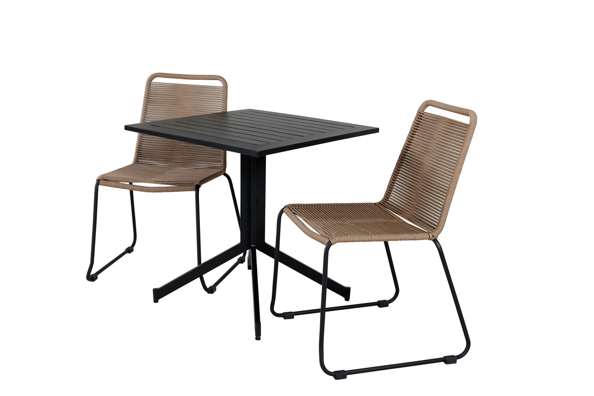Way cafébord 70x70 med 2 Lindos stapelbar stol svart aluminium/latte rep