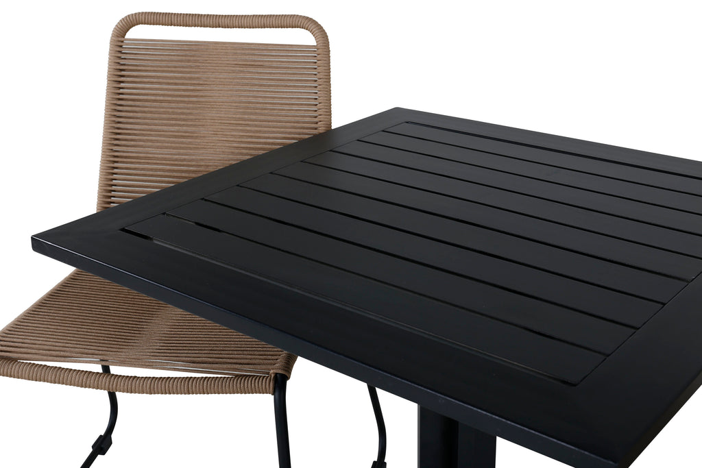 Way cafébord 70x70 med 2 Lindos stapelbar stol svart aluminium/latte rep