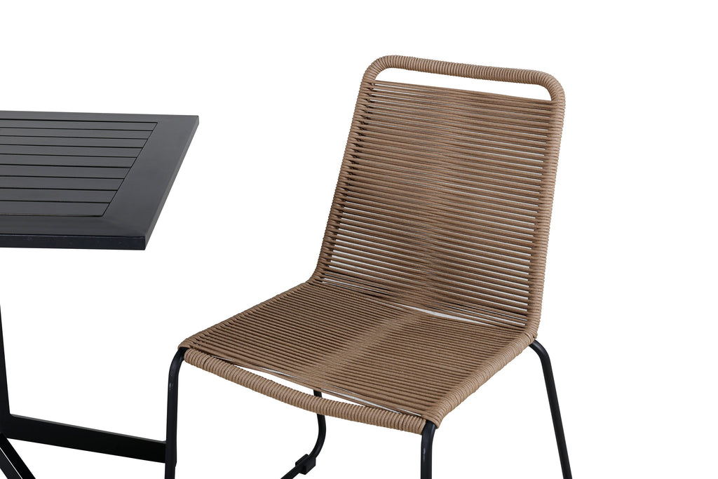 Way cafébord 70x70 med 2 Lindos stapelbar stol svart aluminium/latte rep