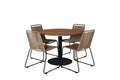 Cot matbord svart stål/akacia (teaklook) Ø100cm med 4 Lindos stapelbara stolar svart aluminium/latte rep