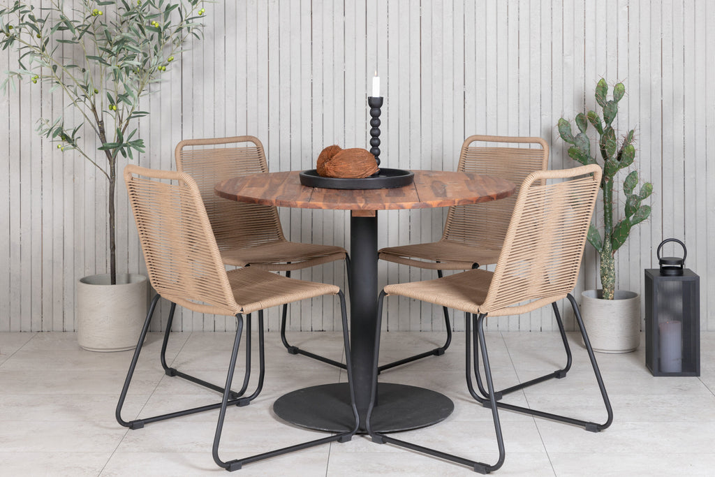 Cot matbord svart stål/akacia (teaklook) Ø100cm med 4 Lindos stapelbara stolar svart aluminium/latte rep
