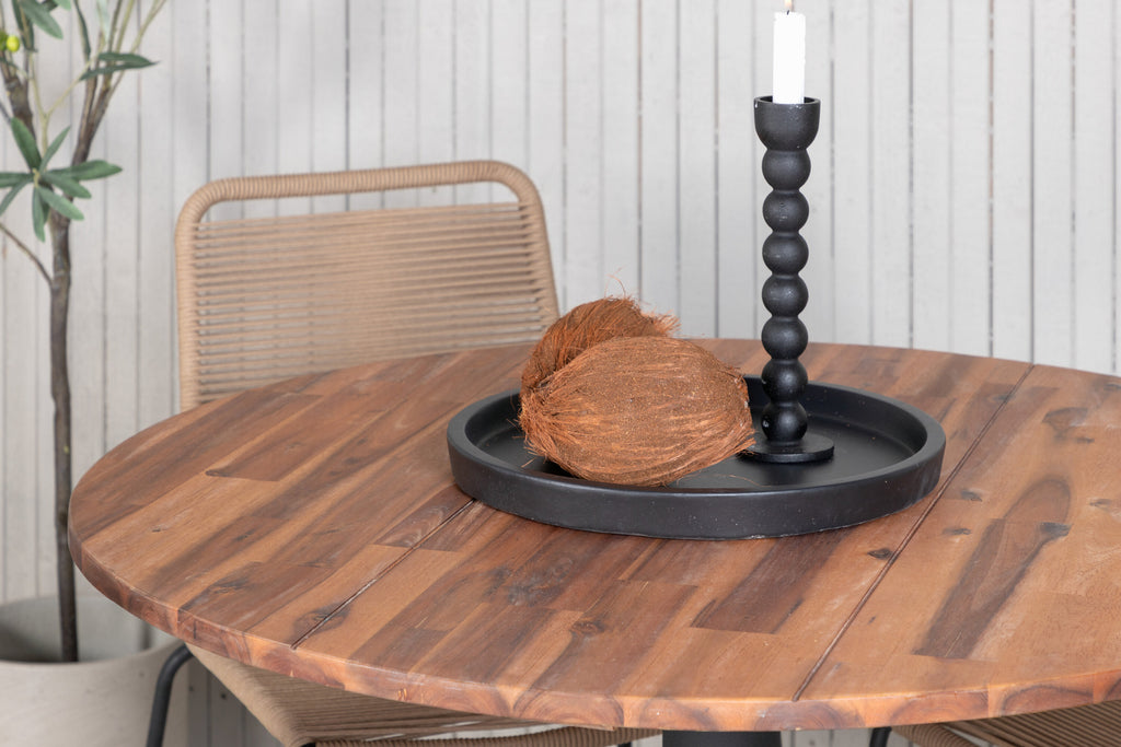 Cot matbord svart stål/akacia (teaklook) Ø100cm med 4 Lindos stapelbara stolar svart aluminium/latte rep