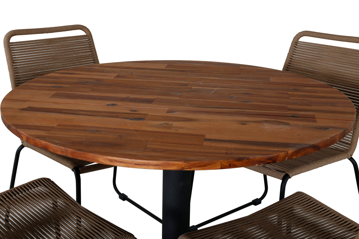 Cot matbord svart stål/akacia (teaklook) Ø100cm med 4 Lindos stapelbara stolar svart aluminium/latte rep