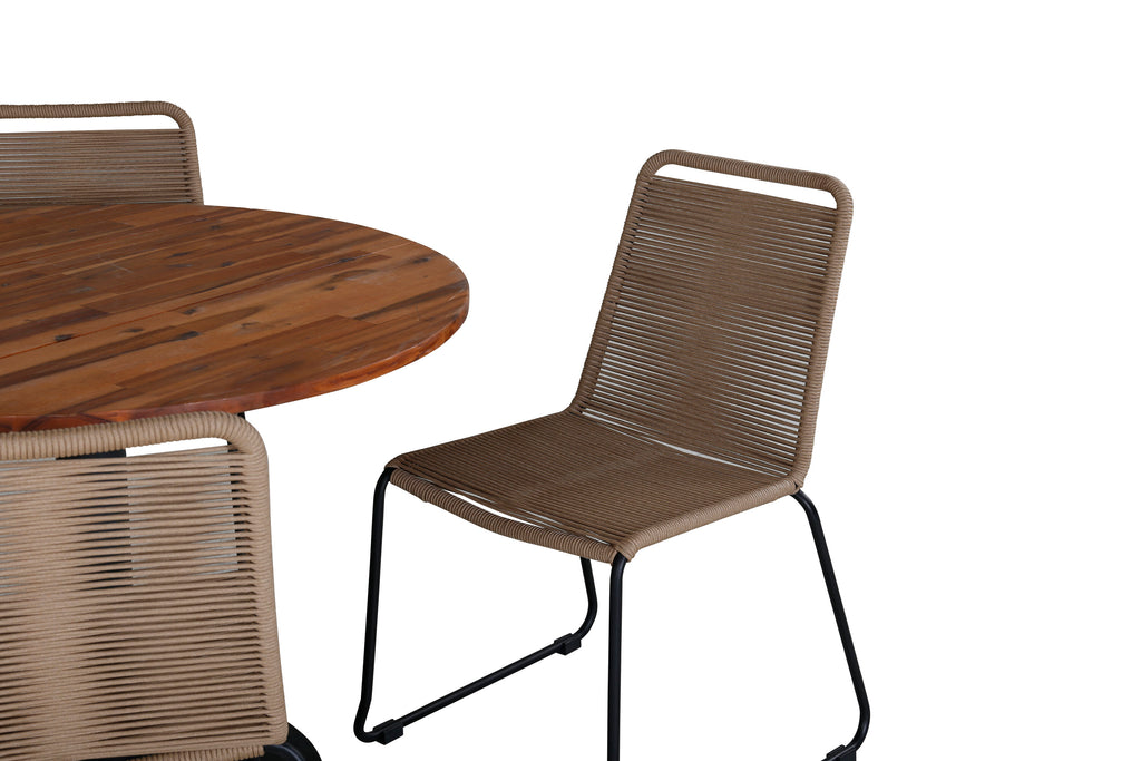 Cot matbord svart stål/akacia (teaklook) Ø100cm med 4 Lindos stapelbara stolar svart aluminium/latte rep